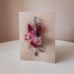 Grußkarte mit Trockenblumen, Personalisierte Kraftpapierkarte zum Geburtstag, Danke, Jahrestag, Muttertag, Hochzeit, Valentinstag, Hebamme Rosa