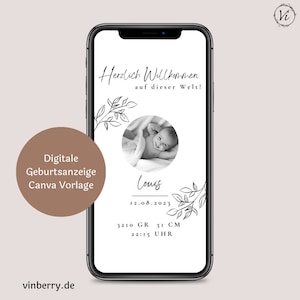 Minimalistische Geburtsanzeige, Baby Ankündigung, E-Card, Personalisiertere Geburtsankündigung, Geburtsanzeige, digital Geburt verkünden Bild 1