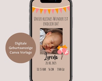 Digitale Geburtsanzeige, Baby Ankündigung, E-Card, Personalisiertere Geburtsankündigung, Geburtsanzeige Mädchen, Geburt verkünden