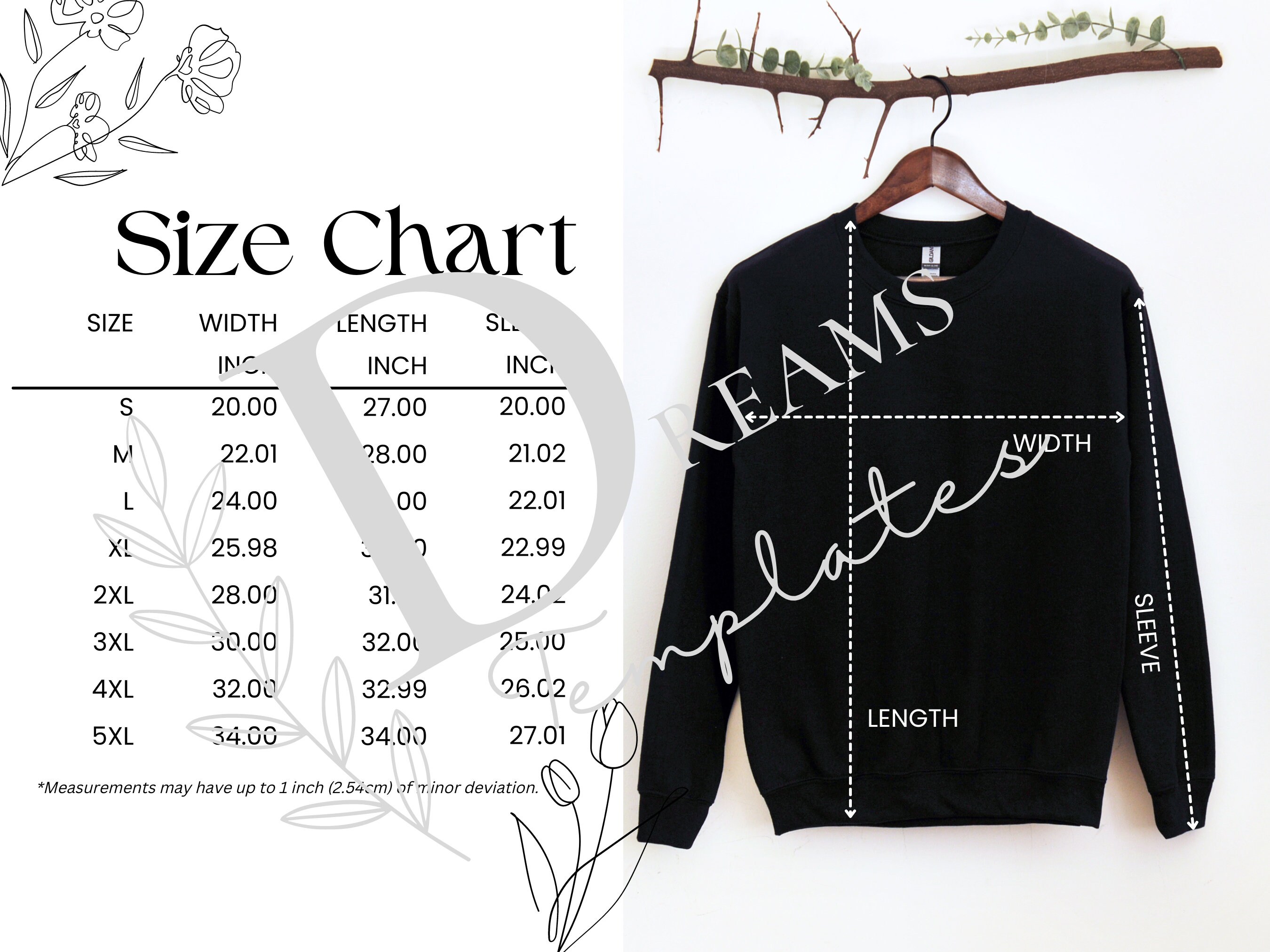 Gildan 18000 Mockup Size Chart Gildan 18000 Size Chart Imperial