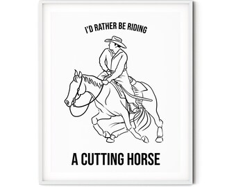 Cutting Horse Printable Wall Art - Minimalist Equestrian Line Art - Horse Riding Decor - Digital Download - Cowboy Art - Working Cow Horse