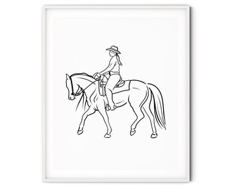 Western Horse Riding Silhouette Art - Minimalist One Line Western Dressage Poster - Printable Equestrian Wall Art - Modern Cowgirl Decor