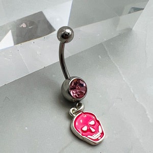 14G Pink Skull Implant Grade Surgical Steel Belly Button Navel Ring