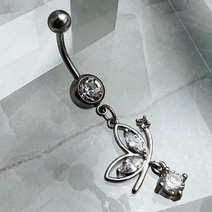 Butterfly Belly Button Ring - 14G Surgical Steel Navel Piercing With Red & Black Design