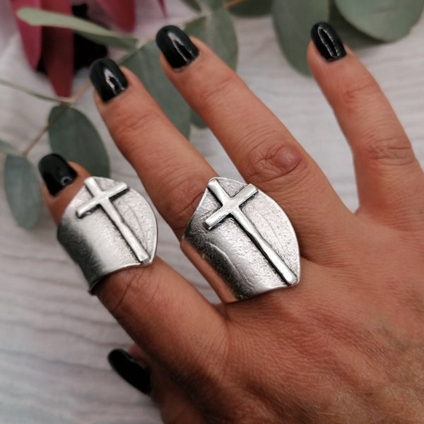 Versilberte Kreuz Ring, Verstellbarer Gothic Ring, Kreuz Siegelring, Unisex Taufring, Religiöser Herren Ring, Valentinstag Geschenk Für Mann