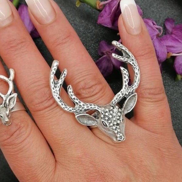 Statement Ringe mit Hirsch Kopf, Elegante Geweih Schmuck, Handgemachte  Ringe, Verstellbarer Versilberte Boho Ring, Valentins Geschenk Idee