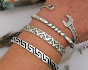 Indian Boho Cuff, Rustic Men's Bracelet, Viking Jewelry, Antique Silver Plated Boho, Greek,Chunky, Boho Hippi Style, Unisex,