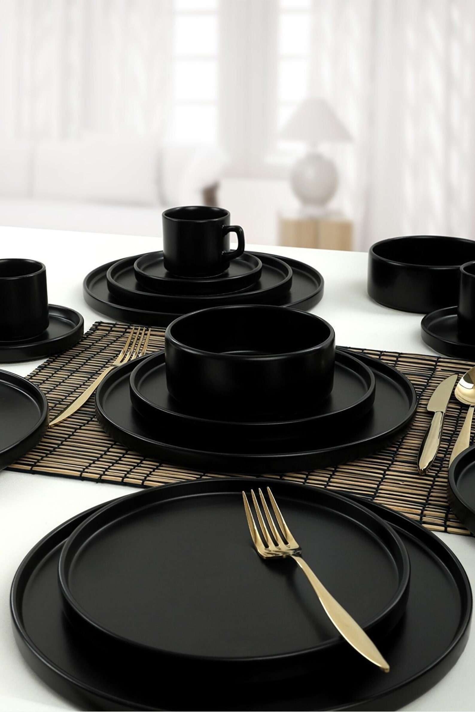 Stone lain celina 24piece dinnerware set stoneware service for 8 black matte walmart