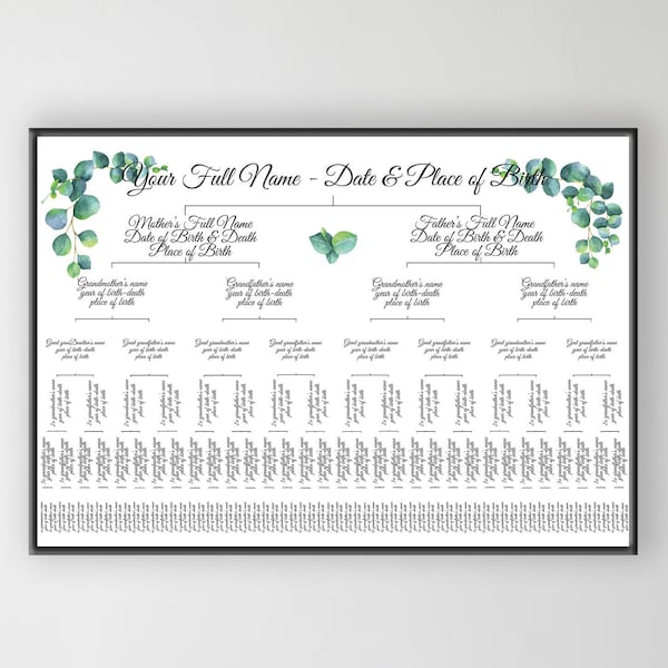 Personalised Eucalyptus Design Family Tree Print Chart 3-8 Generations 5 Sizes  Framed or Unframed  3 Frame Colours - Genealogy Heritage