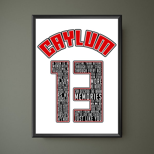 Personalised 13th Birthday Boy Print - Son Sentimental Poem - Football Themed - Available in Any Team Colours - XX3 - AA002