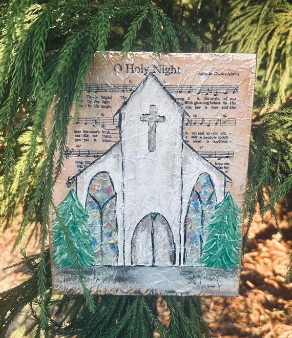Original hand painted church on Wooden Canvas