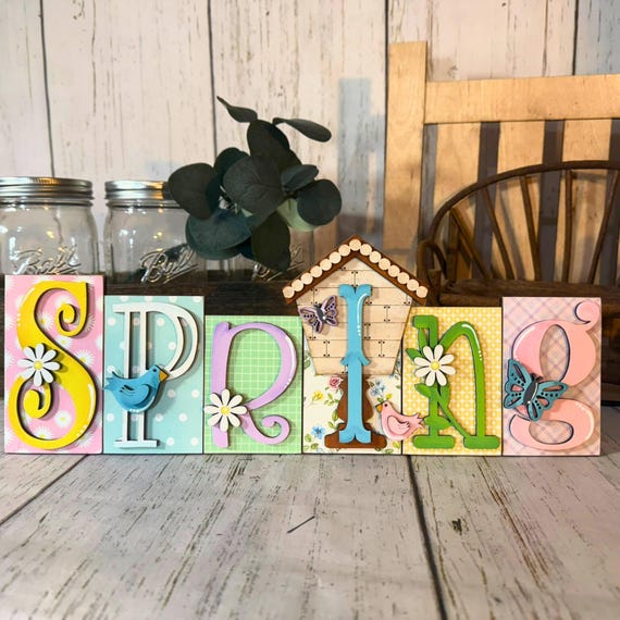Spring Shelf Sitter Decor, Easter Wooden Block Sign, Spring Letter Blocks, Farmhouse Spring Decor, Tiered Tray Decor, Bird Butterfly Sign