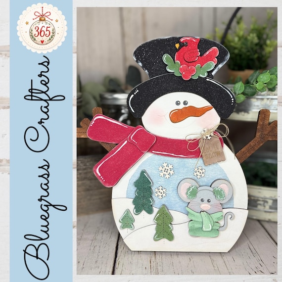 Handmade Wooden Snowman Shelf Sitter – Winter Farmhouse Decor – 11" x 11" Rustic Snowman with Cardinal & Mouse