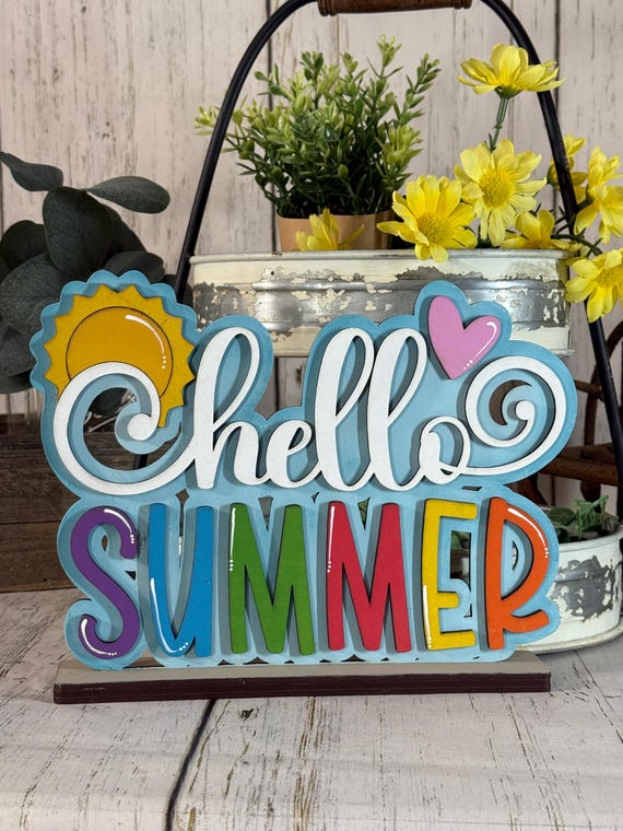 Hello Summer Shelf Sitter, Summer Tiered Tray Decor, Summer Wood Sign with sun, Farmhouse sunny Decor, Bright Summer Shelf Decor