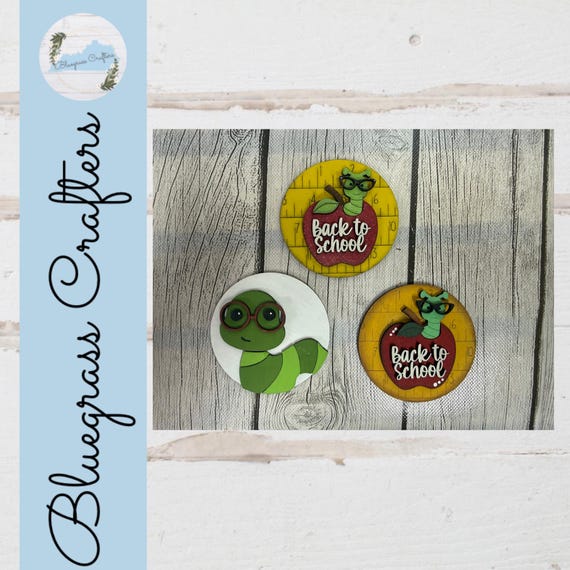 Back to School Interchangeable Insert Set, 3 Inch Teacher Sign Inserts, Apple & Bookworm Mini Rounds, Classroom Decor, Teacher Gift