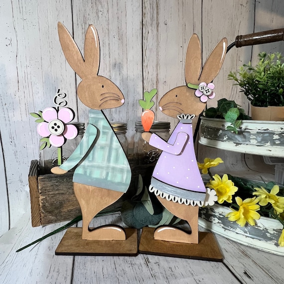Easter Bunny Shelf Sitter Set, Wooden Bunny Couple Decor, Spring Bunny Figurines, Farmhouse Easter Tabletop Home Decor