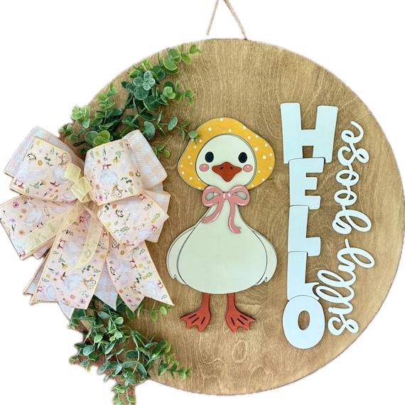 Spring Goose Door Hanger, Hello Spring Wooden Door Sign, Farmhouse Easter Goose Decor, Front Porch Wall Hanging