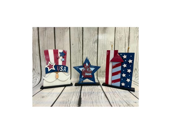 Patriotic Decor Set, Fourth of July Shelf Sitters, Uncle Sam USA Decor, Red White and Boom Star, Firecracker Decor