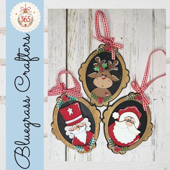 Handmade Wooden Christmas Ornaments | Santa, Reindeer & Nutcracker | Vintage Frame Holiday Tree Decor | Rustic Christmas Ornament