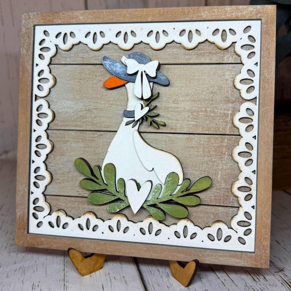 Hand Painted Wooden Goose Sign | Farmhouse Spring Decor | Layered Wood Shelf Sitter | Rustic Country Goose Wall Art 7"