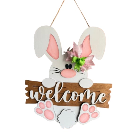 Easter Bunny Door Hanger, Bunny Welcome Sign, Spring Front Door Decor, Pink Farmhouse Easter Decoration, Wooden Rabbit Wall Decor