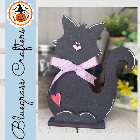 Black Cat Halloween Shelf Sitter – Handmade Wooden Cat Decor