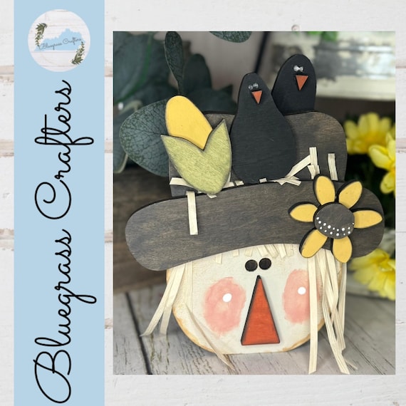 Scarecrow Shelf Sitter, Wooden Fall Decor, Farmhouse Autumn Decoration, Handmade Harvest Shelf Decor, Rustic Thanksgiving Accent