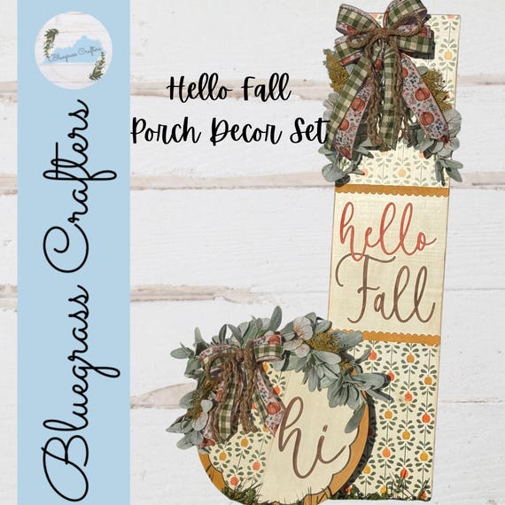 Fall Porch Leaner and Round Door Hanger Set | Pumpkin Decor | Farmhouse Autumn Decor | Hello Fall Porch Sign Set  | Autumn Front Door Decor