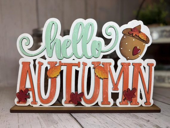 Hello Autumn Wood Sign, Tiered Tray Decor, Acorn Leaves Farmhouse Shelf Sitter