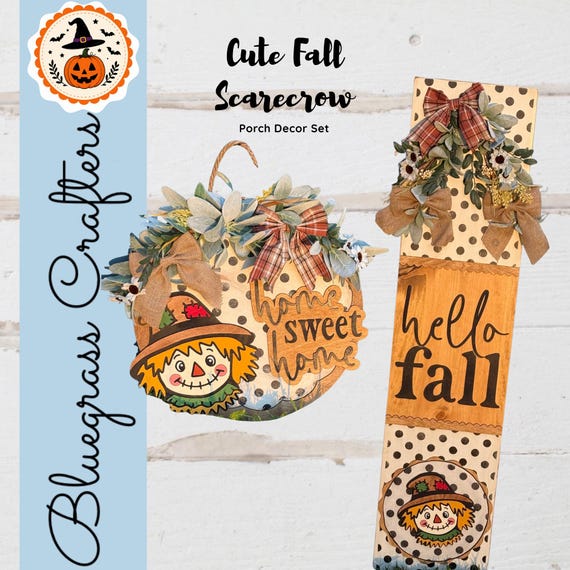 Fall Scarecrow Door Hanger, Home Sweet Home Front Door Decor, Burlap Bow, Plaid Ribbon, Rustic Autumn Porch Decor