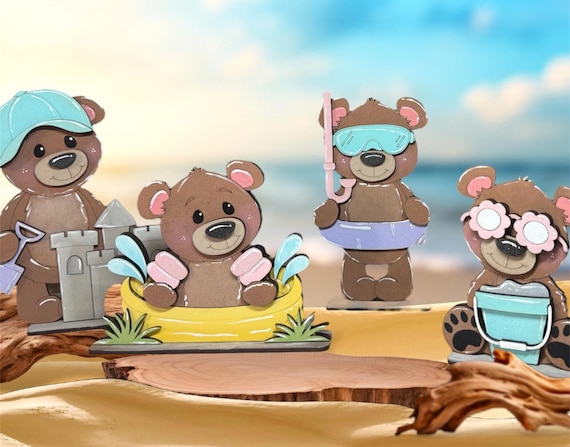 Beach Bear Shelf Sitters, Handmade Summer Bears, Sandcastle, Snorkel, Kiddie Pool, Sunglasses, Tiered Tray