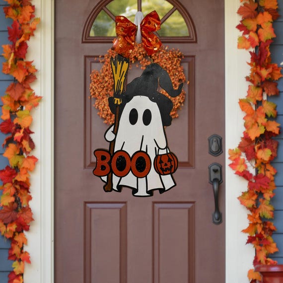 Witchy Ghost Halloween Door Hanger, Spooky Front Door Decor, Cute Ghost Halloween Wall Art, Witch Halloween Decoration