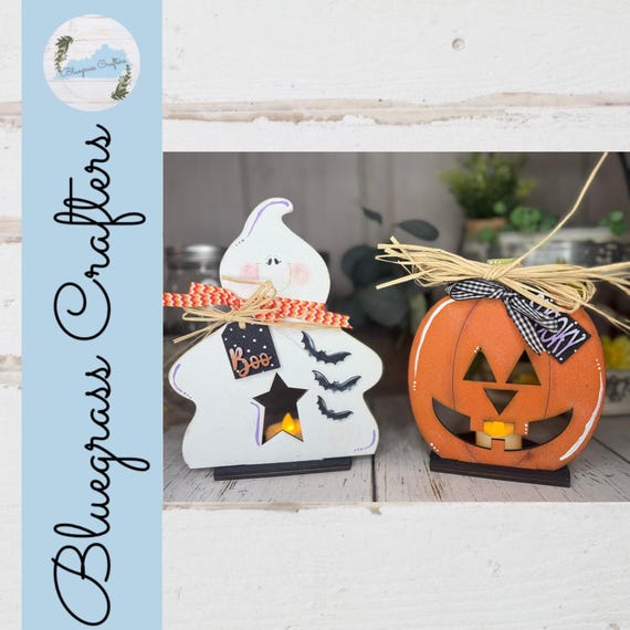 Halloween Ghost & Pumpkin LED Votive Shelf Sitters| Wooden Fall Decor| Jack-O-Lantern or Ghost Shelf Sitter| Farmhouse Halloween Decoration