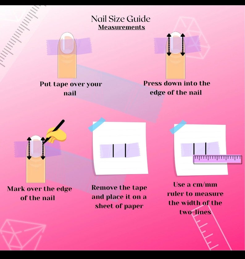 Puede incluir: Una gu&iacute;a paso a paso sobre c&oacute;mo medir el tama&ntilde;o de tu u&ntilde;a usando cinta adhesiva y una regla. La gu&iacute;a muestra c&oacute;mo colocar cinta adhesiva sobre tu u&ntilde;a, presionar sobre el borde de la u&ntilde;a, marcar el borde de la u&ntilde;a, quitar la cinta adhesiva y colocarla en una hoja de papel, y usar una regla para medir el ancho de las dos l&iacute;neas.