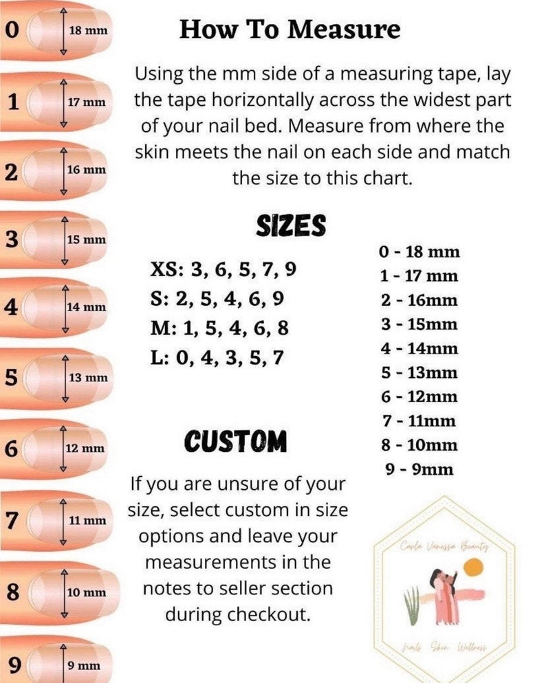 Puede incluir: Un gr&aacute;fico que muestra c&oacute;mo medir los tama&ntilde;os de las u&ntilde;as en mil&iacute;metros. El gr&aacute;fico incluye una gu&iacute;a visual de los tama&ntilde;os de las u&ntilde;as del 0 al 9, con las medidas correspondientes. Tambi&eacute;n enumera los tama&ntilde;os para XS, S, M y L, y proporciona instrucciones para el tama&ntilde;o personalizado.