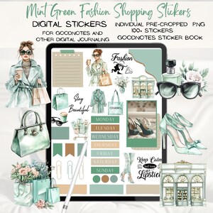 May include: Digital stickers for Goodnotes and other digital journaling. The stickers feature a mint green colour scheme and include images of shopping bags, shoes, a woman in a coat, a store front, and a shopping trolley. The text "Stay Beautiful" and "Keep Calm and wear Lipstick" are also included.