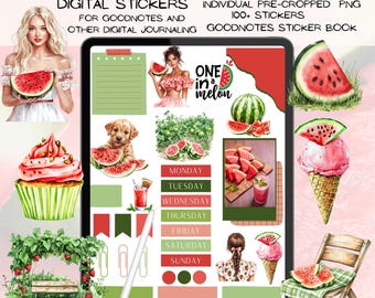 Watermelon Stickers, Digital Planner Stickers for GoodNotes (Pre-cropped PNG)