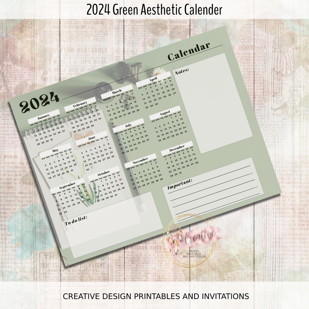 2024 Minimal GREEN AESTHETIC CALENDAR Printable Landscape - Etsy