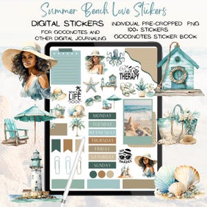 Könnte beinhalten: Digitale Sticker für Goodnotes und andere digitale Journale. Die Sticker haben ein Strandthema mit Illustrationen von Muscheln, Palmen, einem Leuchtturm, einem Sonnenschirm, einer Strandtasche, einem Strandhaus und einer Frau mit Sonnenhut. Der Text "Beach Life" und "Beach Therapy" ist ebenfalls enthalten.