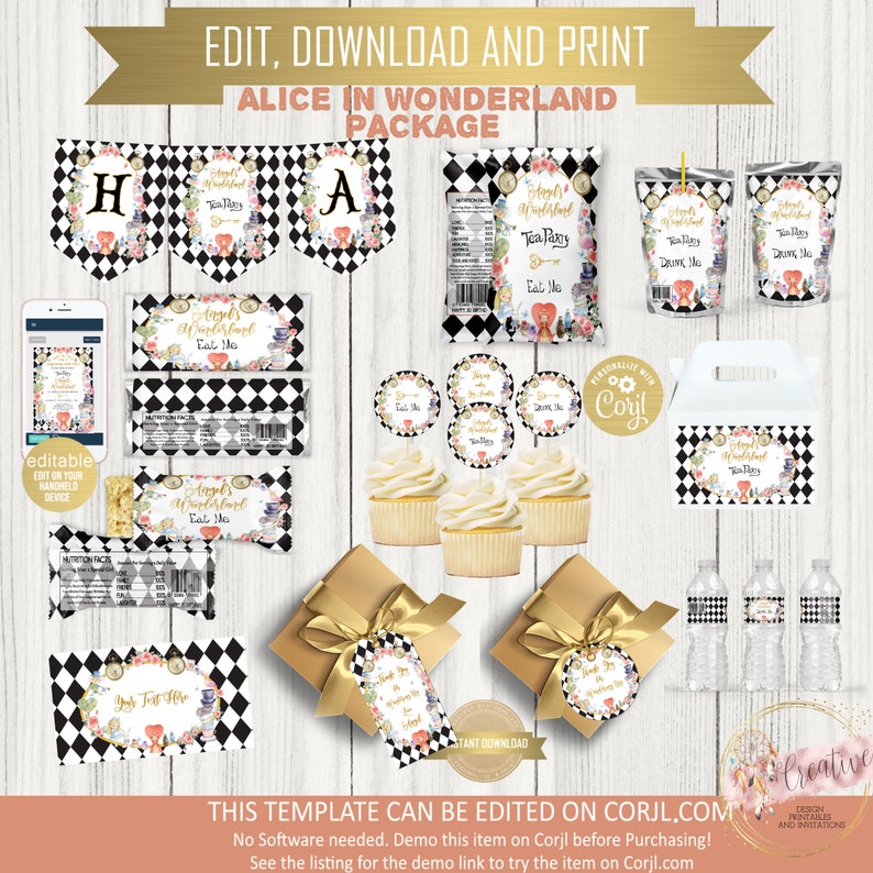 Editable ALICE IN WONDERLAND Package Party Printables, Alice in ...