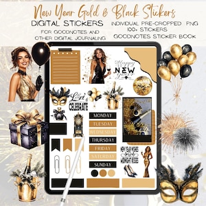 NEW YEAR Black and Gold GOODNOTES Stickers, Digital Stickers, New Year Digital Stickers,Digital journaling, GoodNotes Planner,ipad stickers