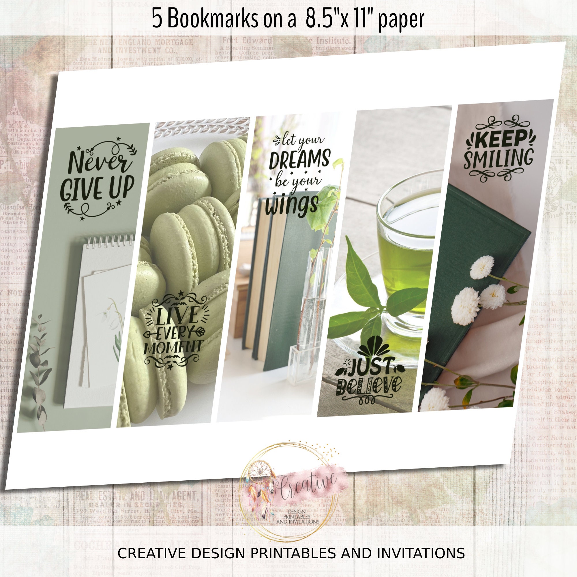 GREEN AESTHETIC Printable BOOKMARKS Set of 5,instant Digital Download ...