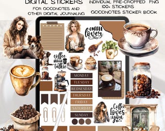 Coffee Lover Digital Stickers, GoodNotes Planner (PNG)