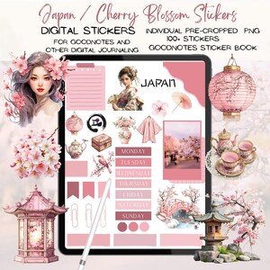 Könnte beinhalten: Digitale Sticker mit japanischem Thema mit Kirschblüten, Laternen und einer Frau im Kimono. Die Sticker sind für die Verwendung in digitalen Planern und Tagebüchern konzipiert. Der Text "JAPAN" ist auf dem Bild sichtbar.
