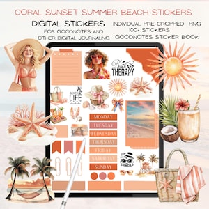 May include: Digital sticker set with a coral sunset beach theme. Includes illustrations of a woman in a sun hat, starfish, beach scenes, and the text "Beach Therapy". Perfect for digital journaling on Goodnotes.