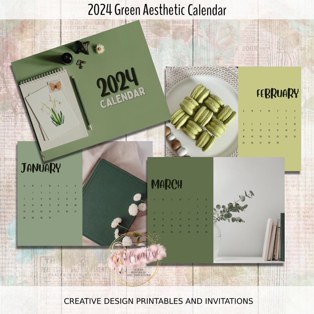 2024 GREEN AESTHETIC CALENDAR Printable Landscape Horizontal Etsy