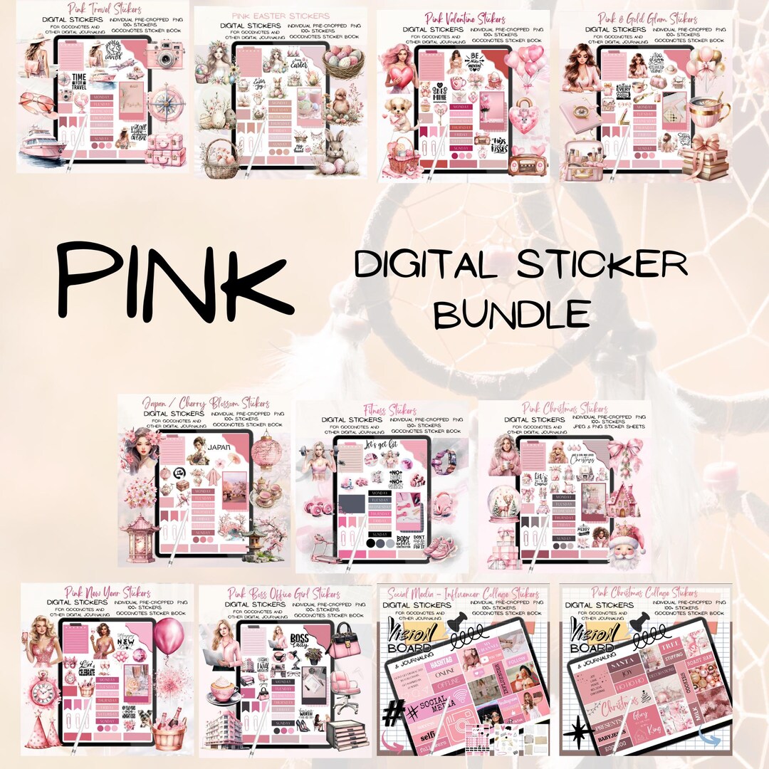 Pink Digital Sticker Bundle, Goodnotes Planner Stickers (PDF) - Etsy