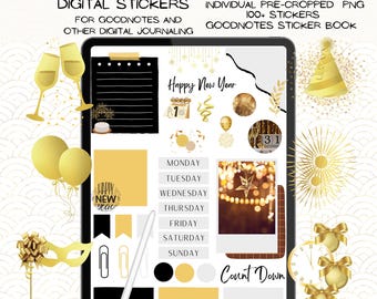 New Year Digital Stickers, Goodnotes Planner Stickers (PNG)