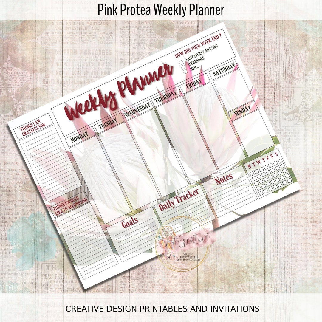 PINK PROTEA WEEKLY Planner Printable Landscape Horizontal - Etsy