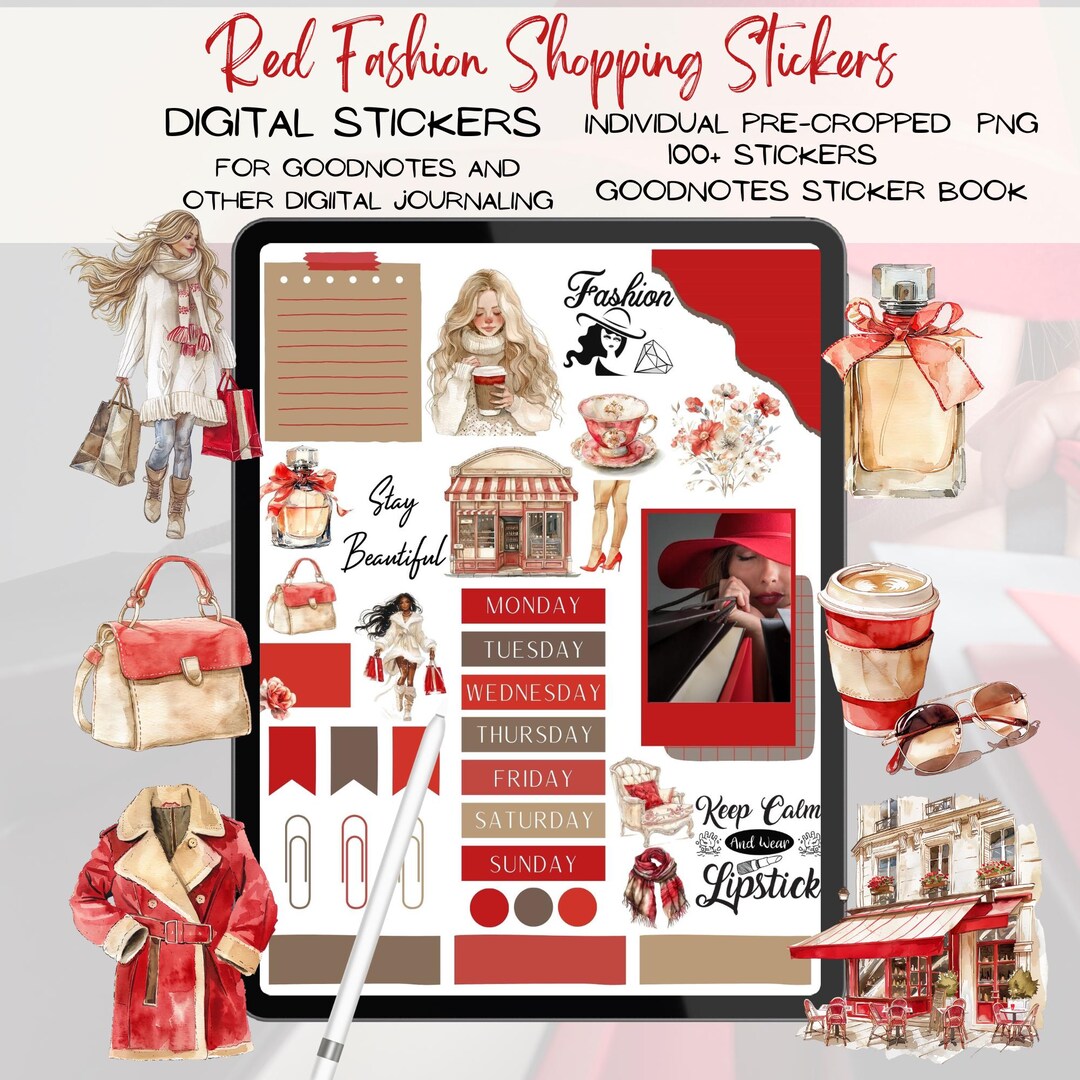 Red FASHION Shopping GOODNOTES STICKERS, Fashion Digital Stickers ...
